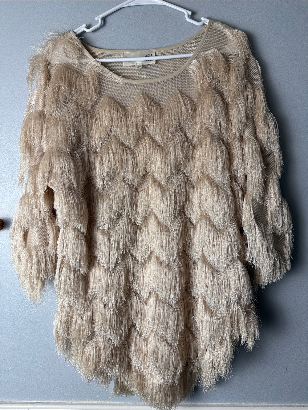 J.O.A. Beige Fringe Mesh Top